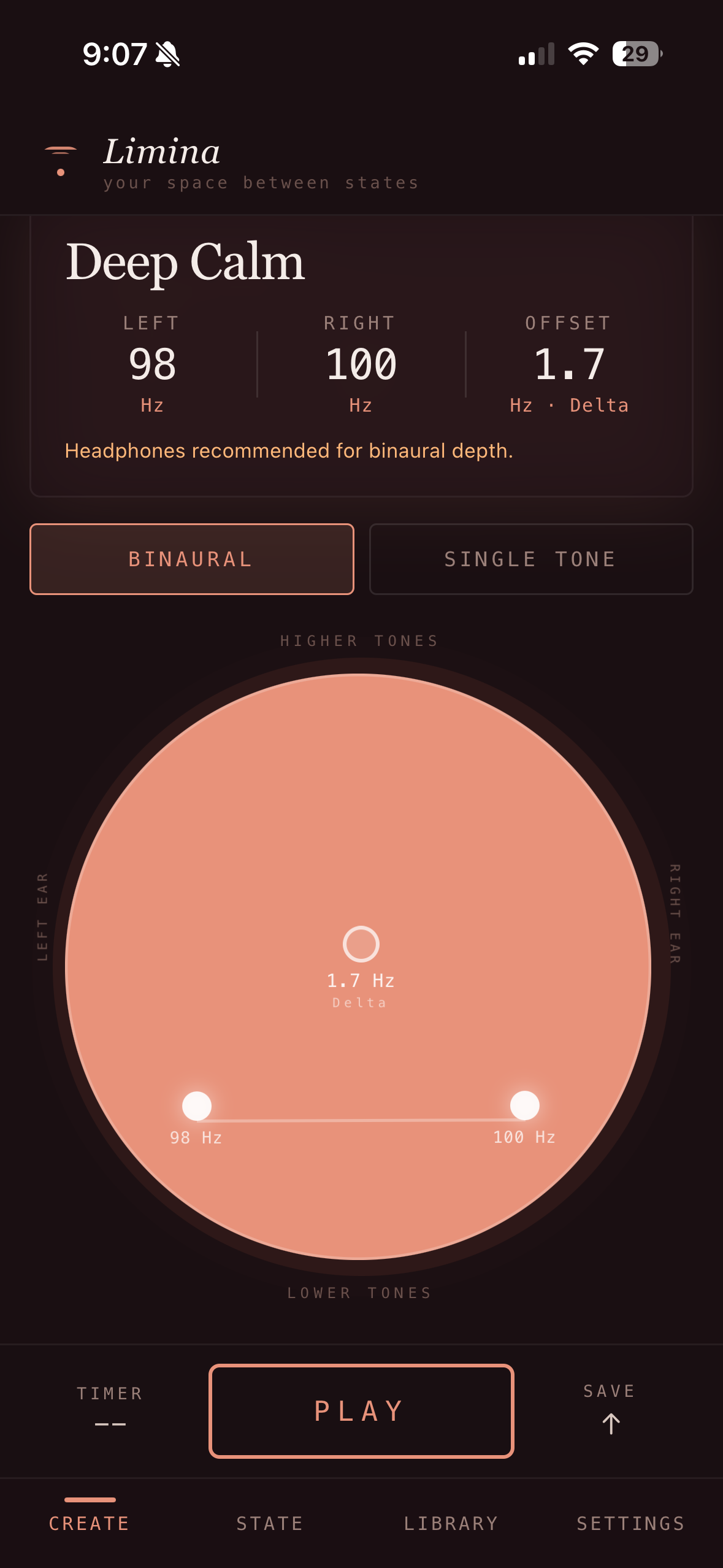 Limina app — Deep Calm binaural session screen
